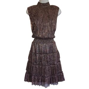 SAM AND JESS Metallic Gold Accordion Pleated Tiered Sleeveless Black Dress Large